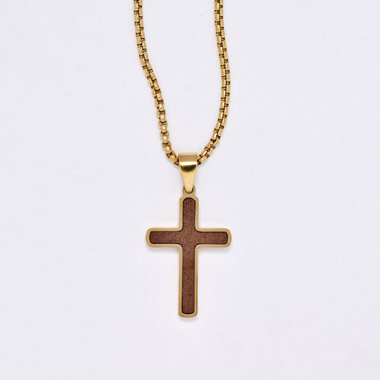 SSYN7143- Steel 55cm + 5cm x 2mm rounded wood detail cross necklace