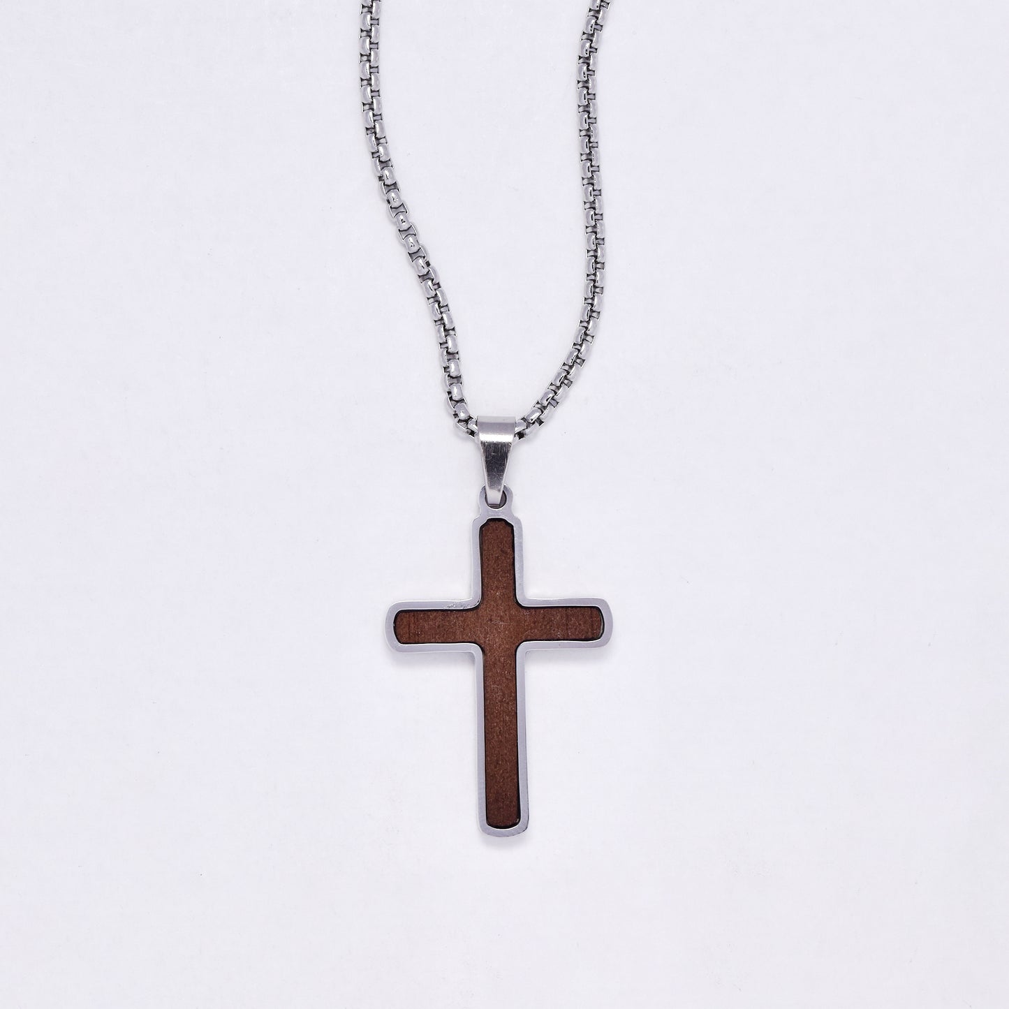 SSYN7143- Steel 55cm + 5cm x 2mm rounded wood detail cross necklace