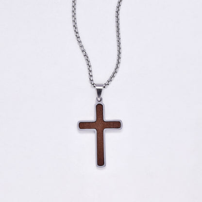 SSYN7143- Steel 55cm + 5cm x 2mm rounded wood detail cross necklace
