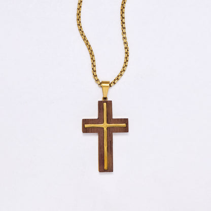 SSYN7144 - Steel 55cm + 5cm x 2mm wooden cross inlay necklace