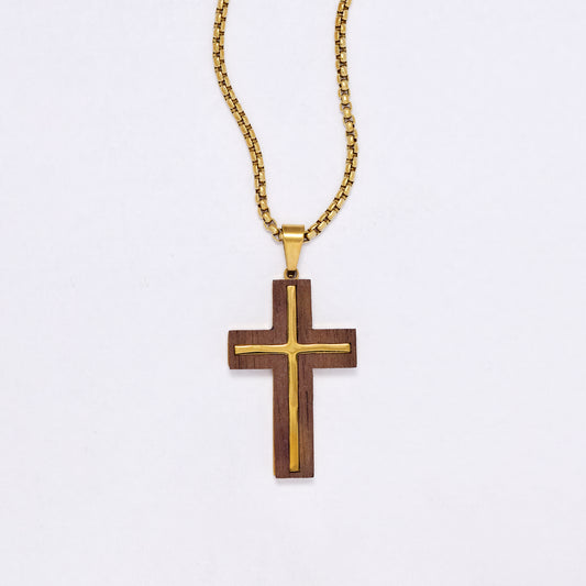 SSYN7144 - Steel 55cm + 5cm x 2mm wooden cross inlay necklace