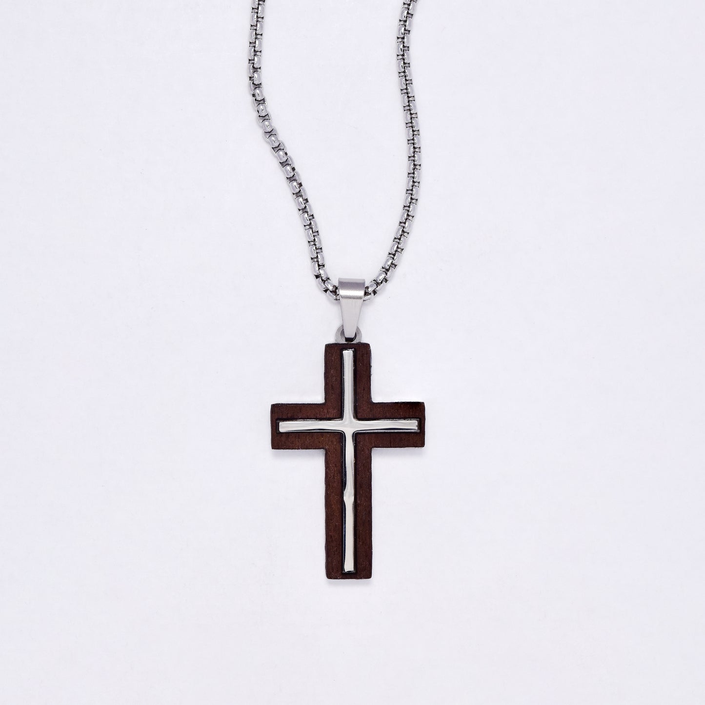 SSYN7144 - Steel 55cm + 5cm x 2mm wooden cross inlay necklace