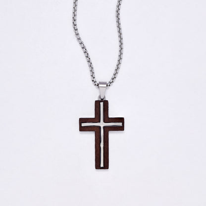 SSYN7144 - Steel 55cm + 5cm x 2mm wooden cross inlay necklace