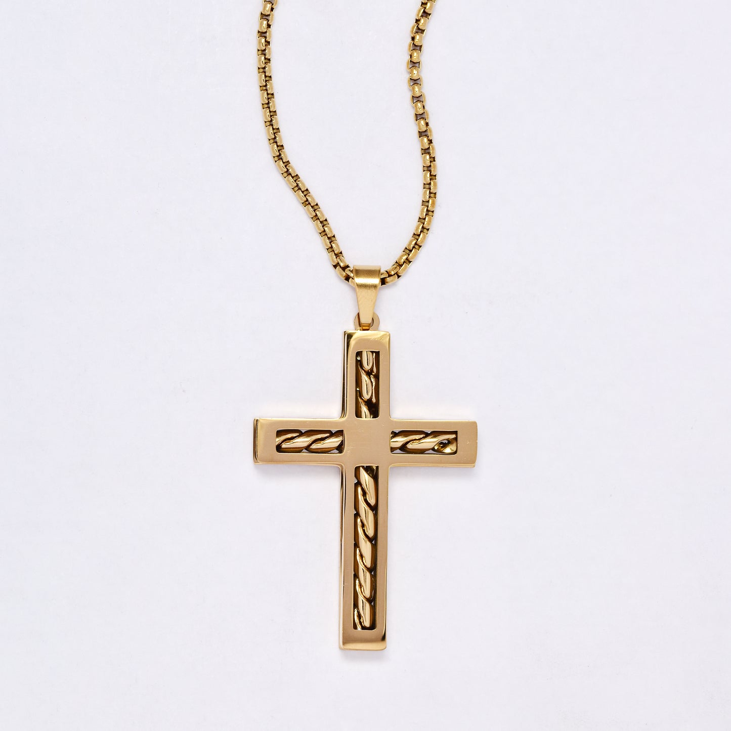 SSYN7146 - Steel 55cm x 2cm statement rope detail cross necklace