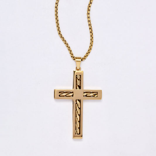 SSYN7146 - Steel 55cm x 2cm statement rope detail cross necklace