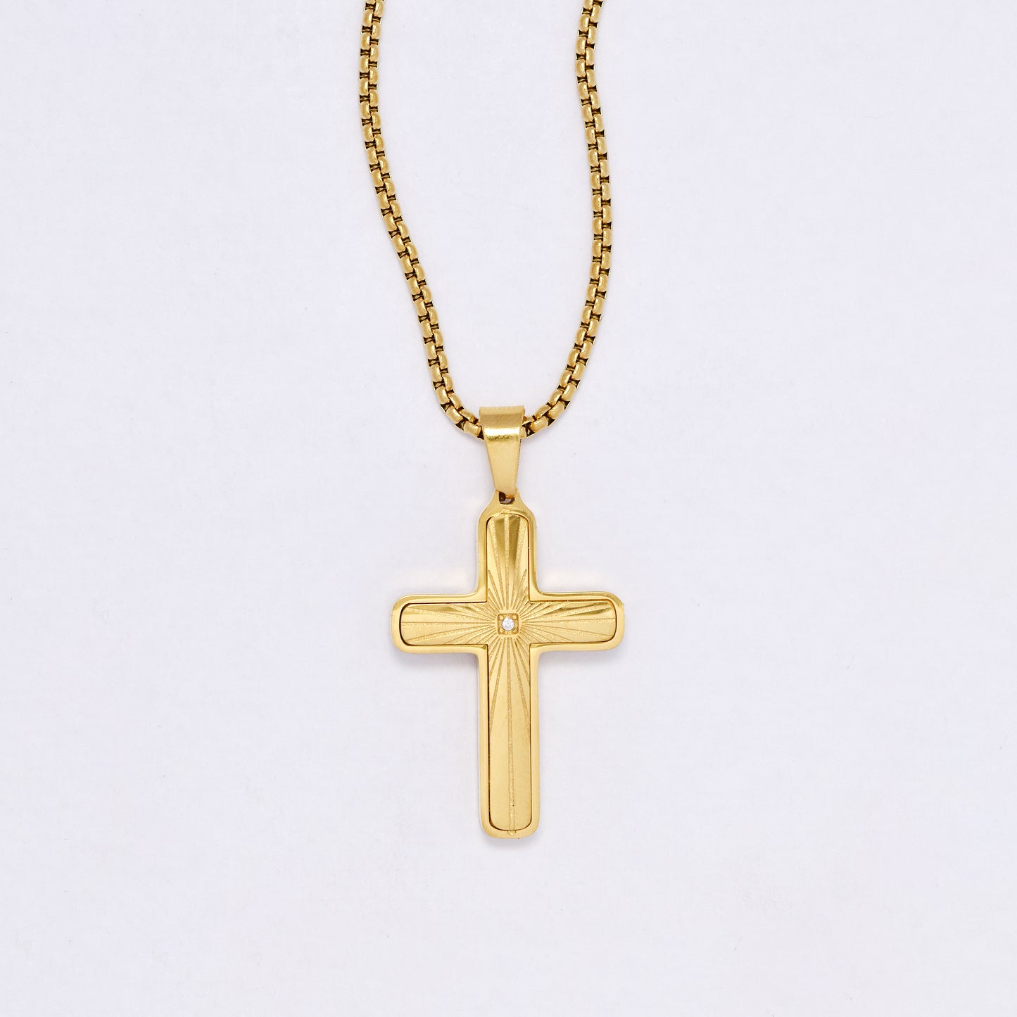 SSYN7155 - Steel 55cm x 2mm CZ sunray cross necklace