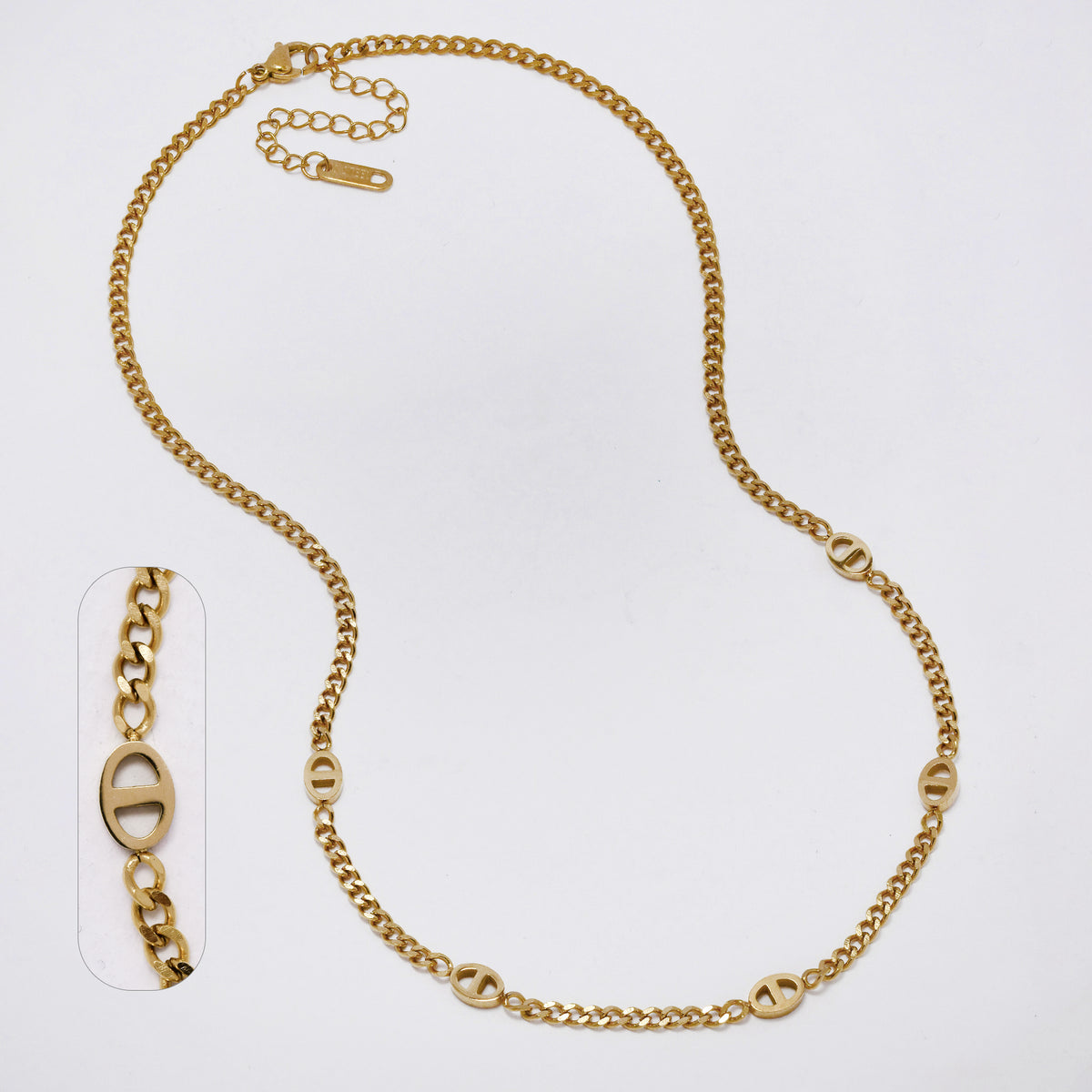 SSYN7287 - Steel 42cm + 5cm mariner & curb station necklace