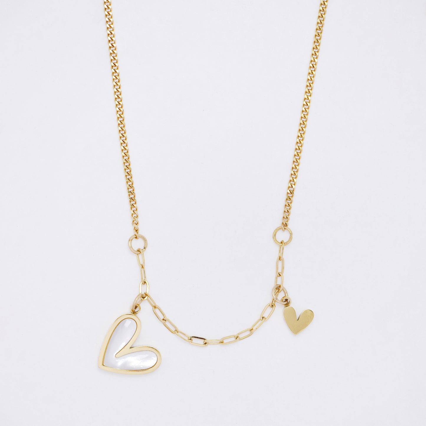 SSYN7292 - Steel 40cm + 5cm paperclip & curb link heart necklace