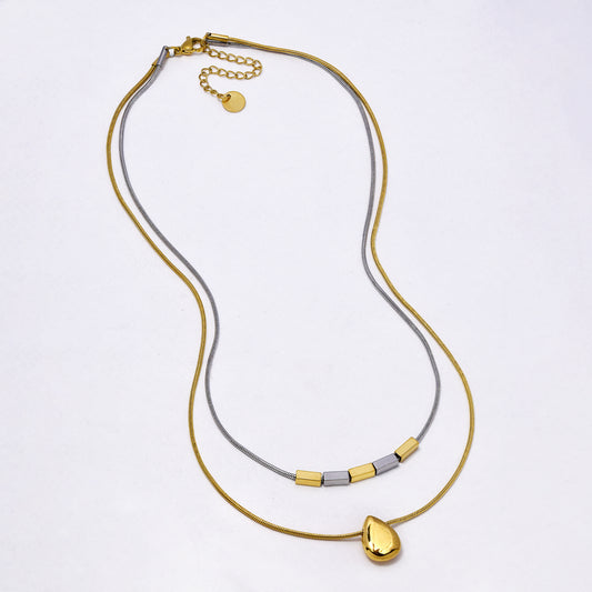 SSYN7304 - Steel 40cm + 5cm layered teardop necklace