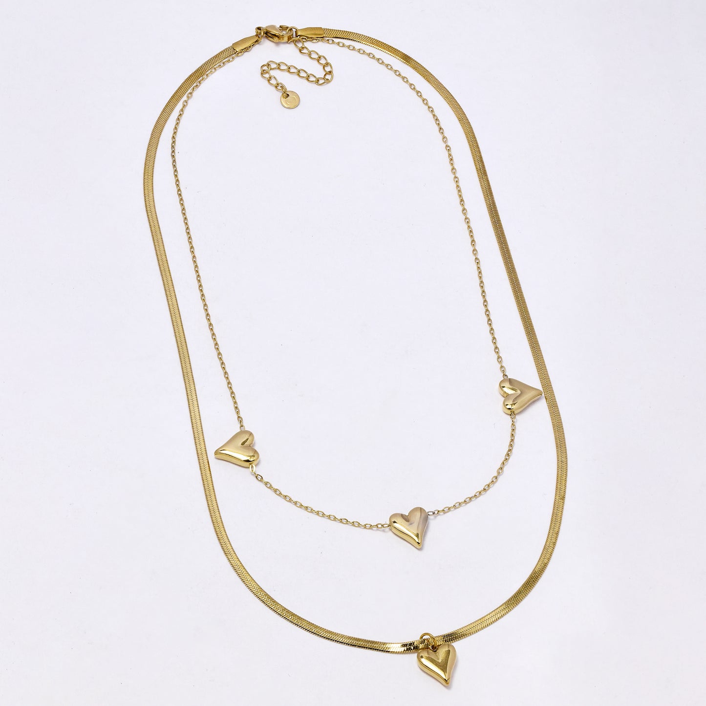 SSYN7305 - Steel 38cm + 5cm layered heart necklace