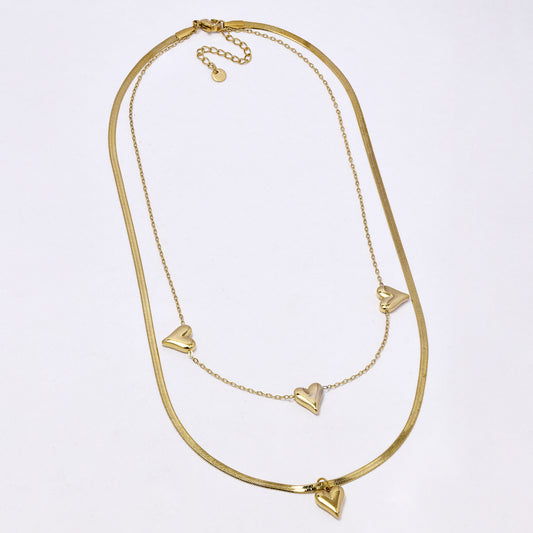 SSYN7305 - Steel 38cm + 5cm layered heart necklace