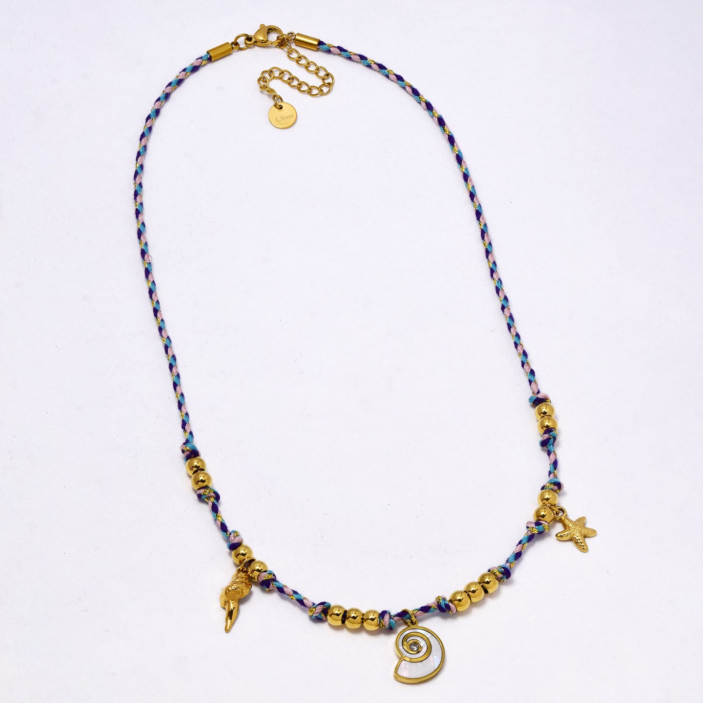 SSYN7308 - Steel 41cm + 5cm sea life plaited cotton necklace
