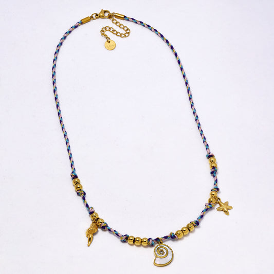 SSYN7308 - Steel 41cm + 5cm sea life plaited cotton necklace