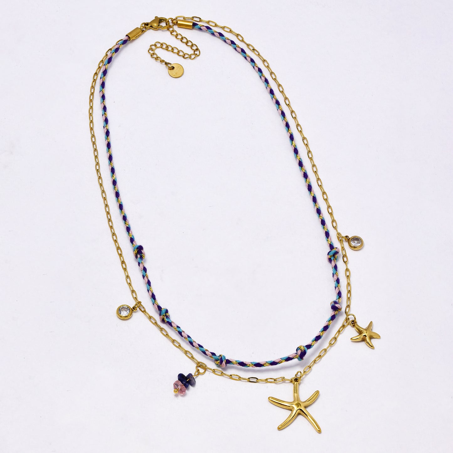 SSYN7311 - Steel 38cm + 5cm layered setarfish, CZ & natural stone necklace