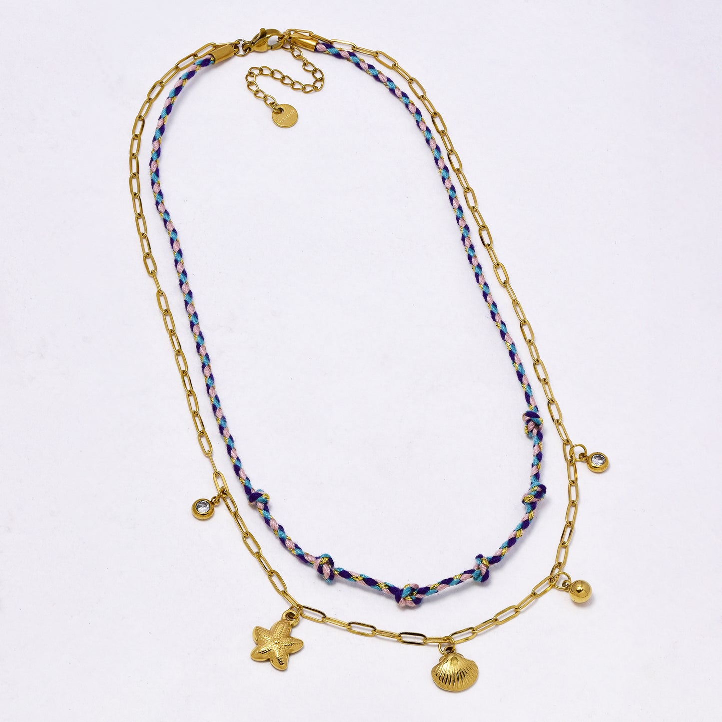 SSYN7312 - Steel 38cm + 5cm layered sealife & CZ charm plaited cotton necklace