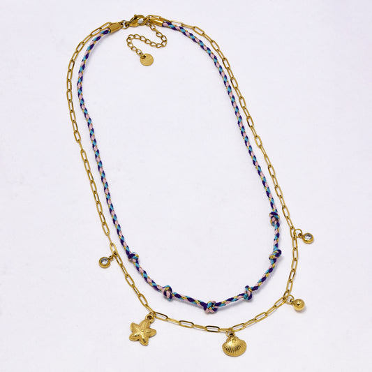 SSYN7312 - Steel 38cm + 5cm layered sealife & CZ charm plaited cotton necklace