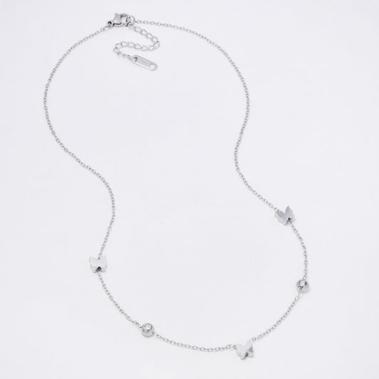 SSYN7333 - Steel 40cm + 4.5cm solid butterfly CZ necklace