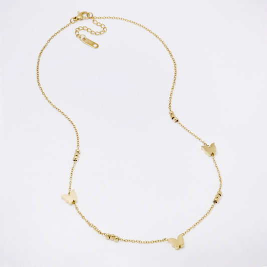 SSYN7336 - Steel 41cm + 4cm solid butterfly & bead necklace