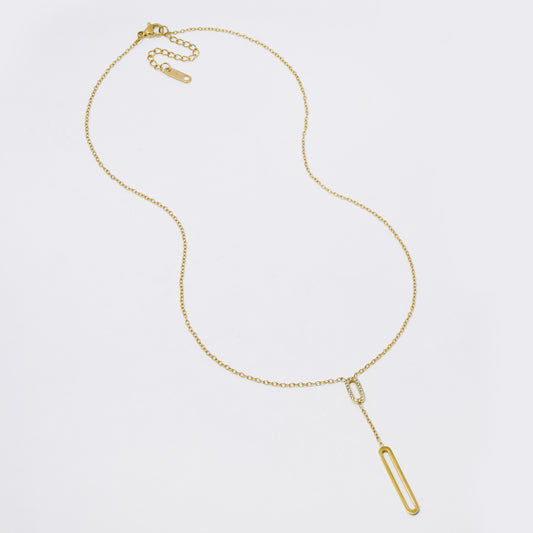 SSYN7339 - Steel 42cm + 5cm CZ oval accent drop necklace