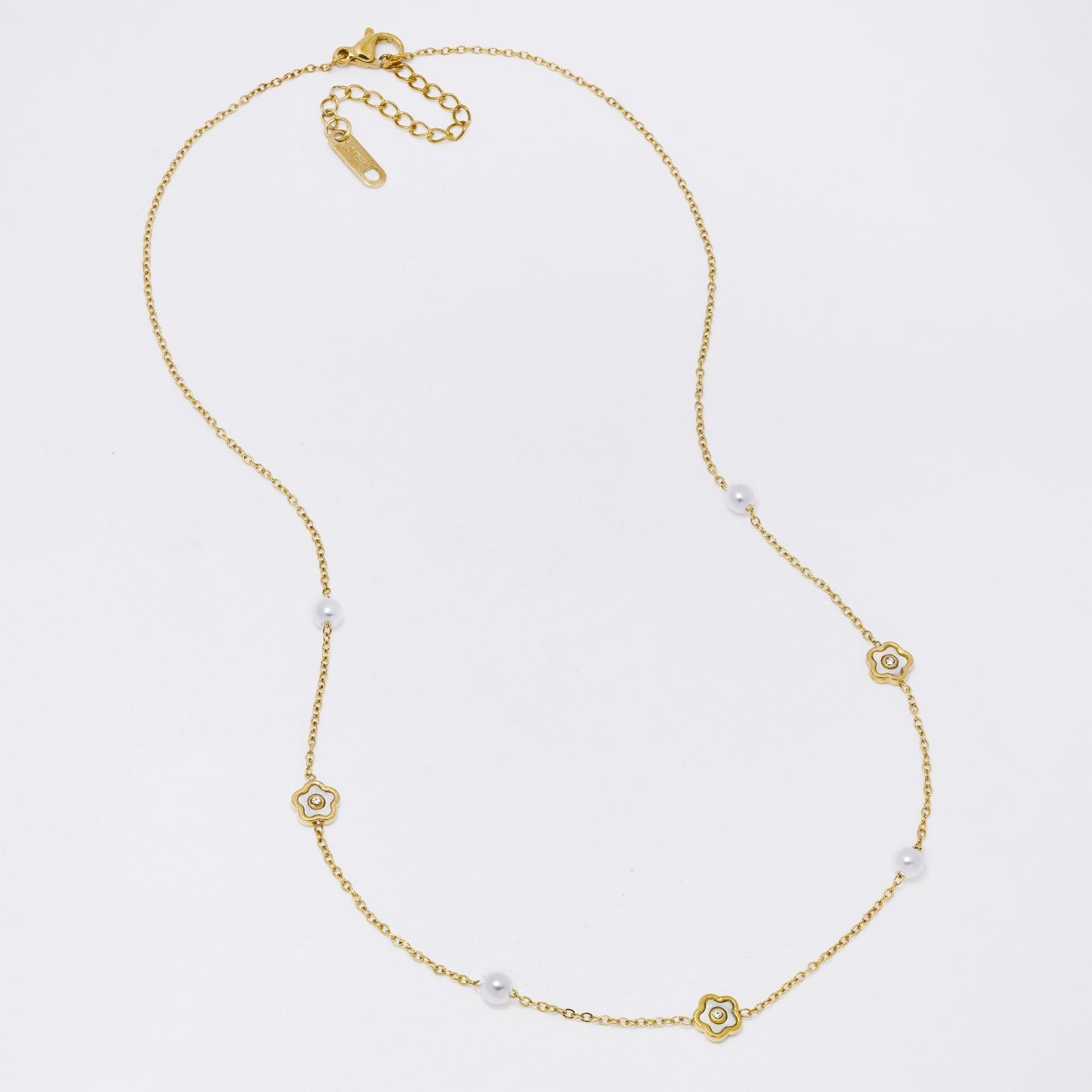 SSYN7346 - Steel 41cm + 4.5cm shell & CZ flower & faux pearl necklace
