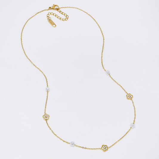 SSYN7346 - Steel 41cm + 4.5cm shell & CZ flower & faux pearl necklace