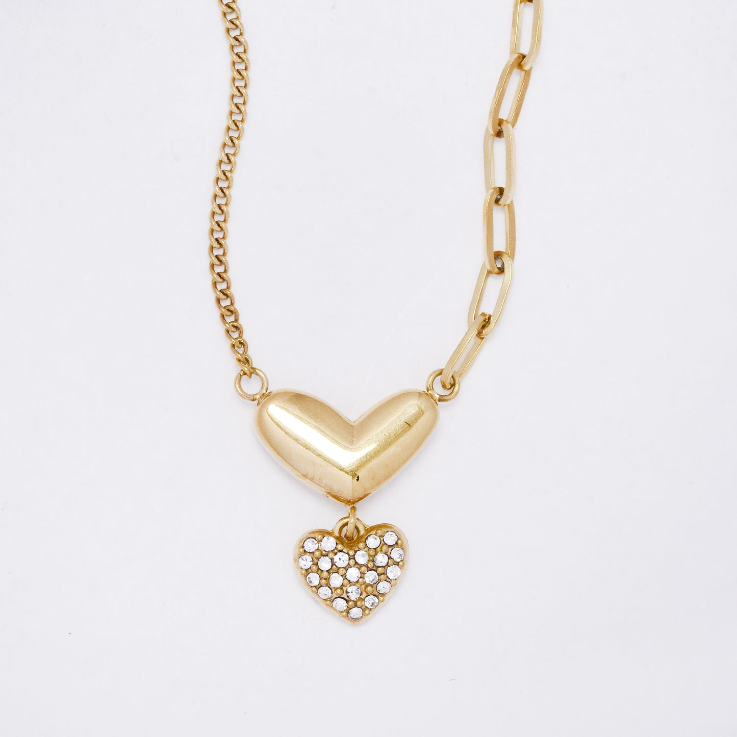 SSYN7351 - Steel 43cm + 5cm heart drop paperclip & anchor chain necklace