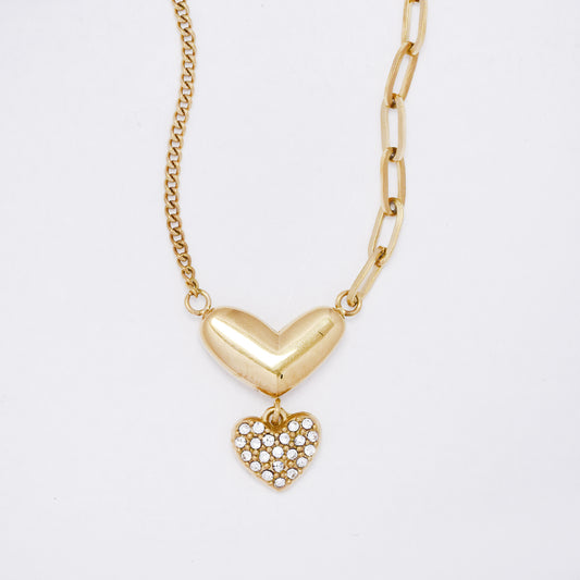 SSYN7351 - Steel 43cm + 5cm heart drop paperclip & anchor chain necklace