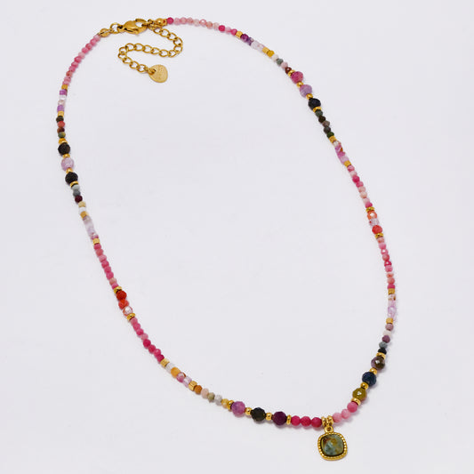 SSYN7357 - Steel 40cm + 5cm natural stone & faceted bead necklace with square pendant