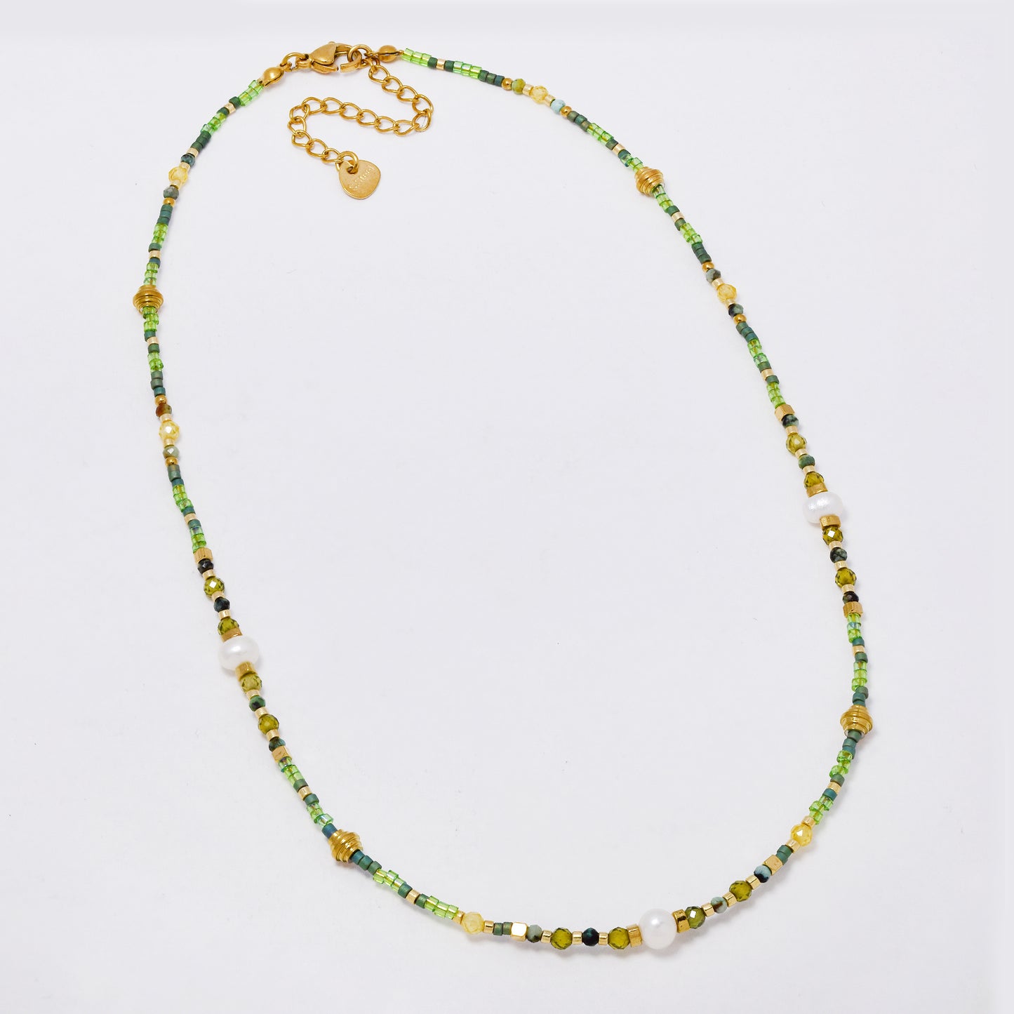 SSYN7358 - Steel 41cm + 5cm natural stone faceted & seed bead necklace with freshwater pearl