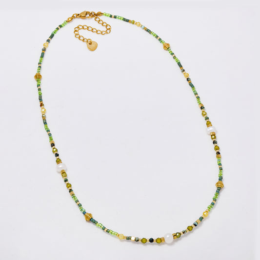 SSYN7358 - Steel 41cm + 5cm natural stone faceted & seed bead necklace with freshwater pearl