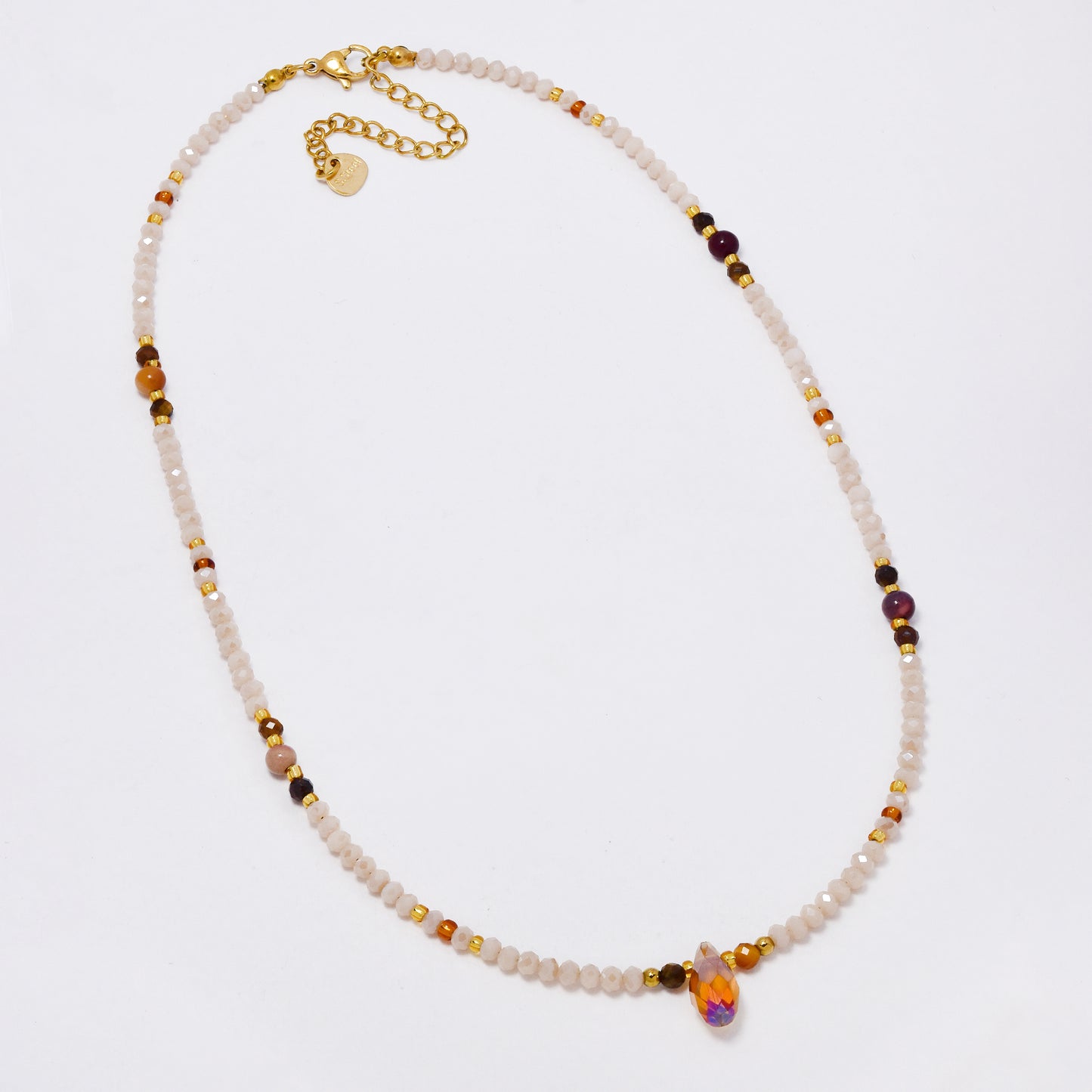 SSYN7359 - Steel 40cm + 5cm natural stone & faceted bead necklace with teardrop stone