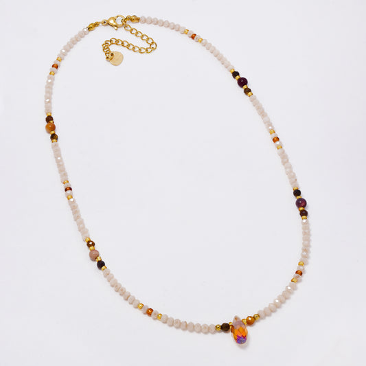 SSYN7359 - Steel 40cm + 5cm natural stone & faceted bead necklace with teardrop stone