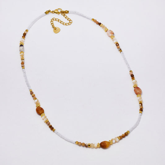 SSYN7360 - Steel 39.5cm + 5cm natural faceted stone bead necklace with oval gems