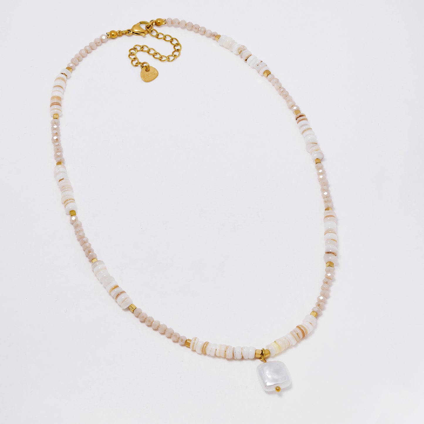 SSYN7362 - Steel 38cm + 5cm natural faceted stone bead necklace with faux pearl