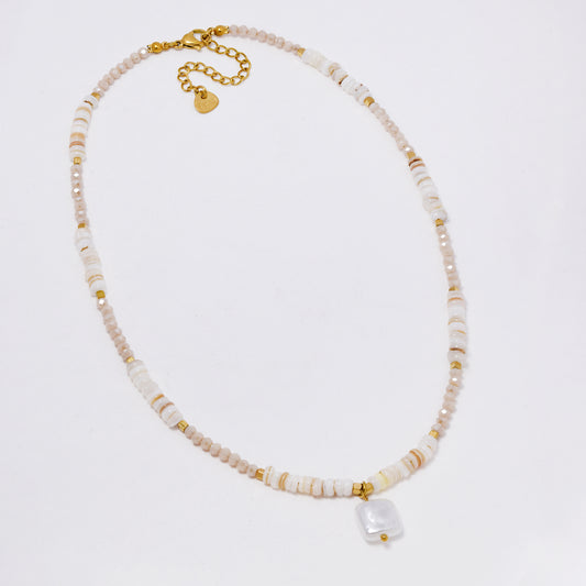 SSYN7362 - Steel 38cm + 5cm natural faceted stone bead necklace with faux pearl
