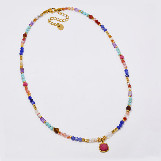 SSYN7363 - Steel 39.5cm + 5cm natural faceted stone bead necklace with square pendant