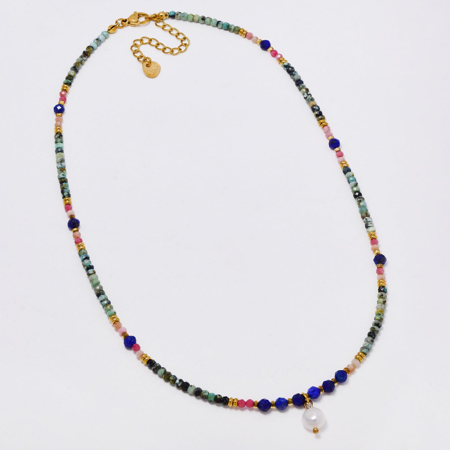 SSYN7364 - Steel 42cm + 5cm natural faceted bead & stone necklace with faux pearl