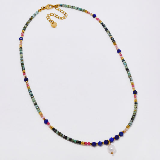 SSYN7364 - Steel 42cm + 5cm natural faceted bead & stone necklace with faux pearl