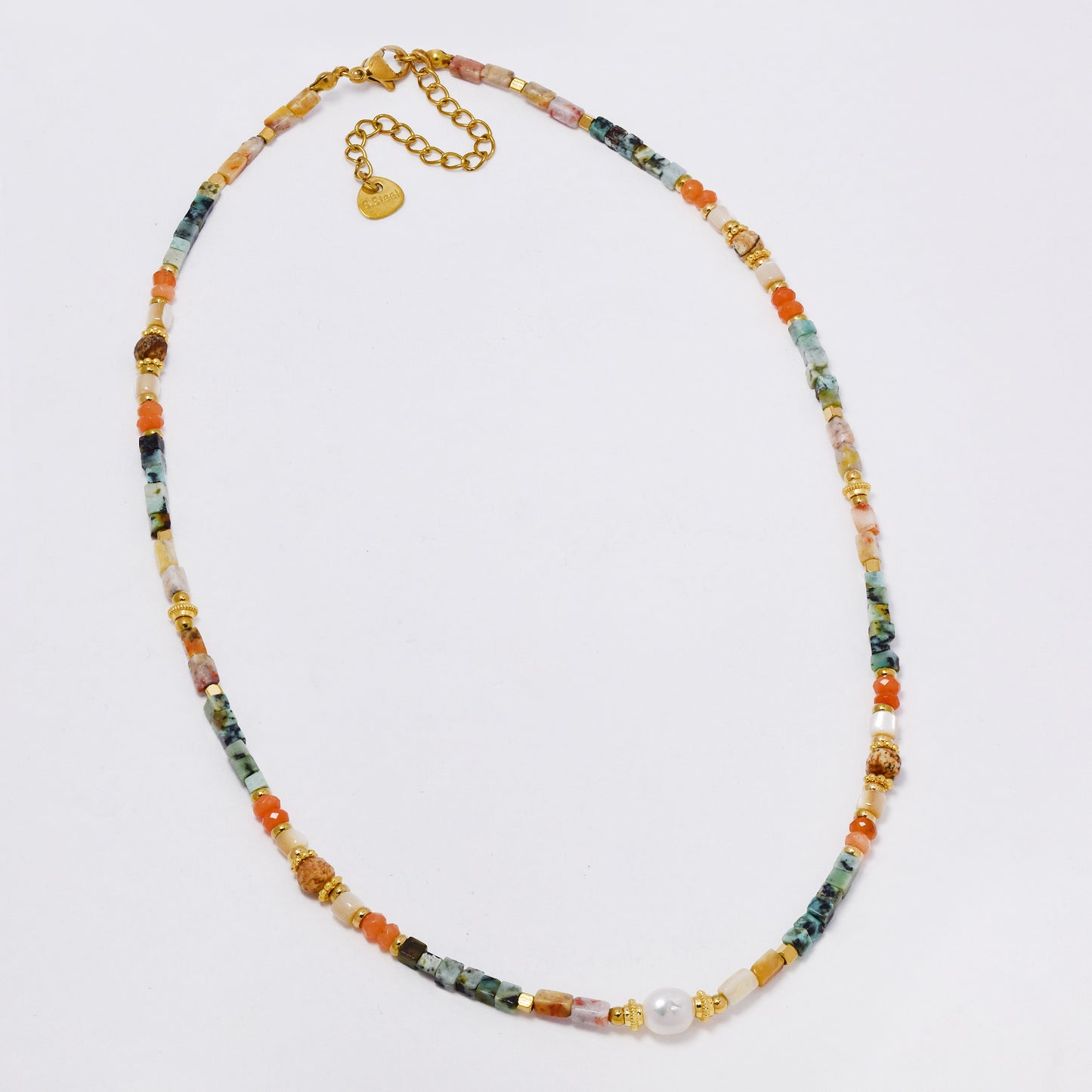 SSYN7365 - Steel 41cm + 5cm natural faceted stone bead necklace with faux pearl