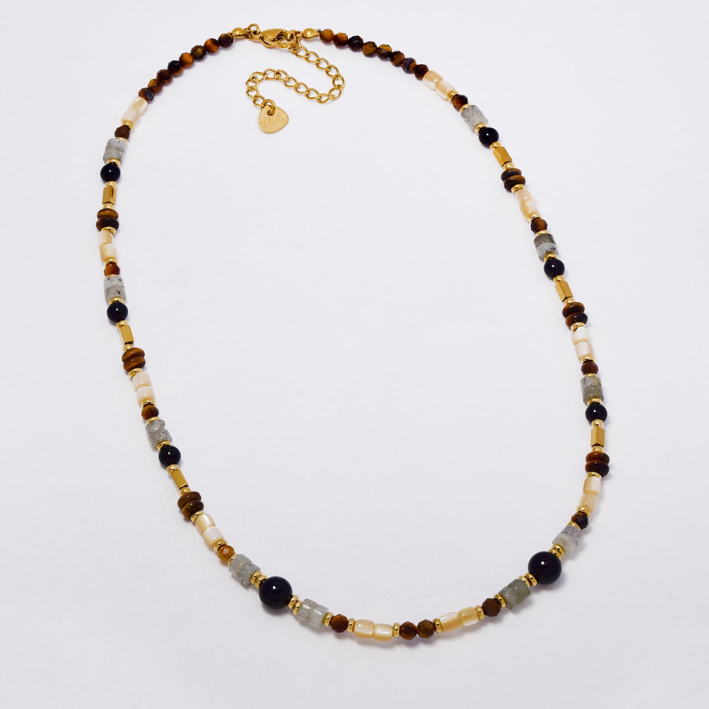 SSYN7366 - Steel 40cm + 5cm natural stone bead necklace with black agate