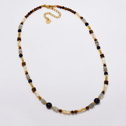 SSYN7366 - Steel 40cm + 5cm natural stone bead necklace with black agate
