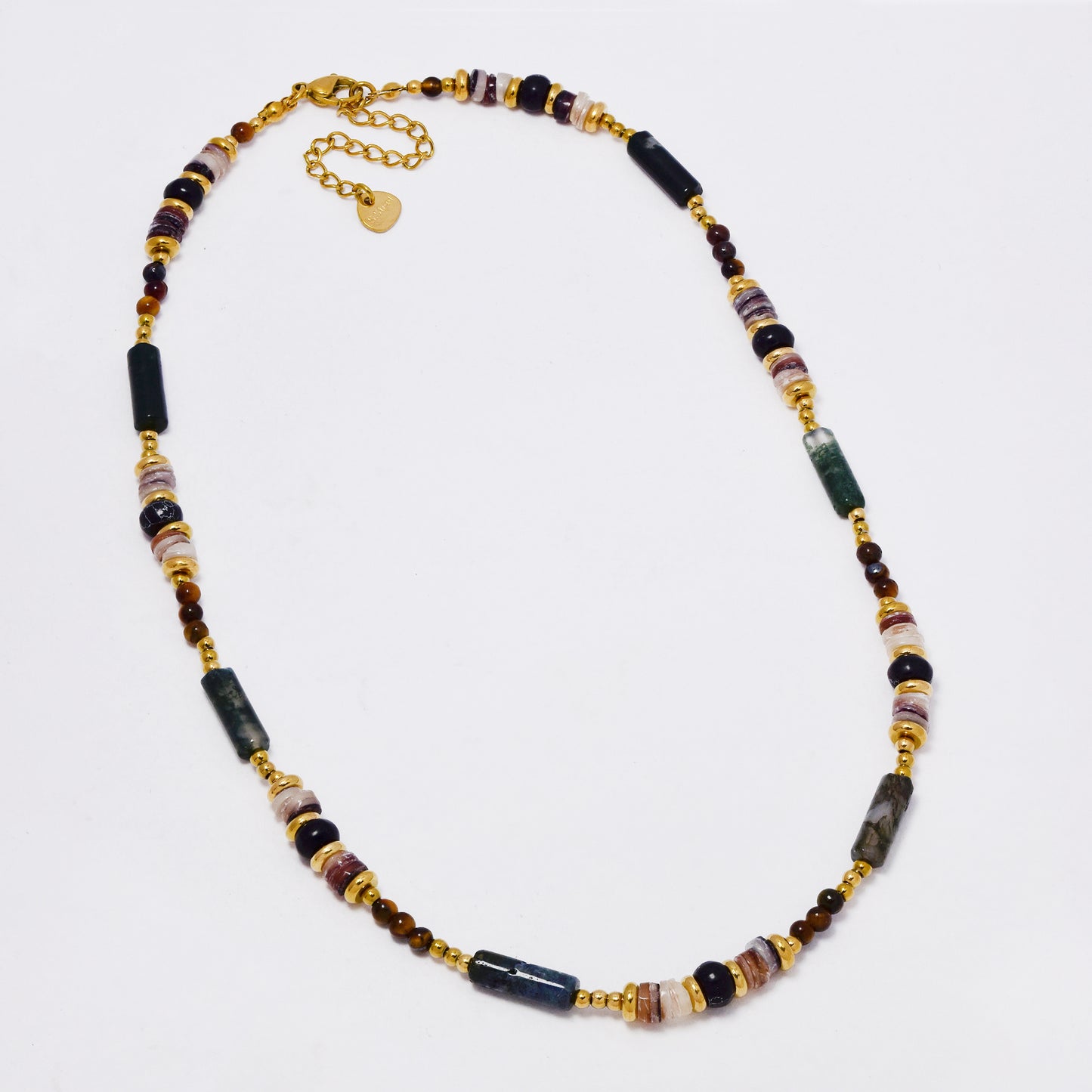 SSYN7367 - Steel 40cm + 5cm natural stone bead necklace with barrel stones
