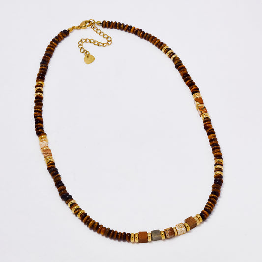 SSYN7368 - Steel 40cm + 5cm natural stone bead necklace with square stones