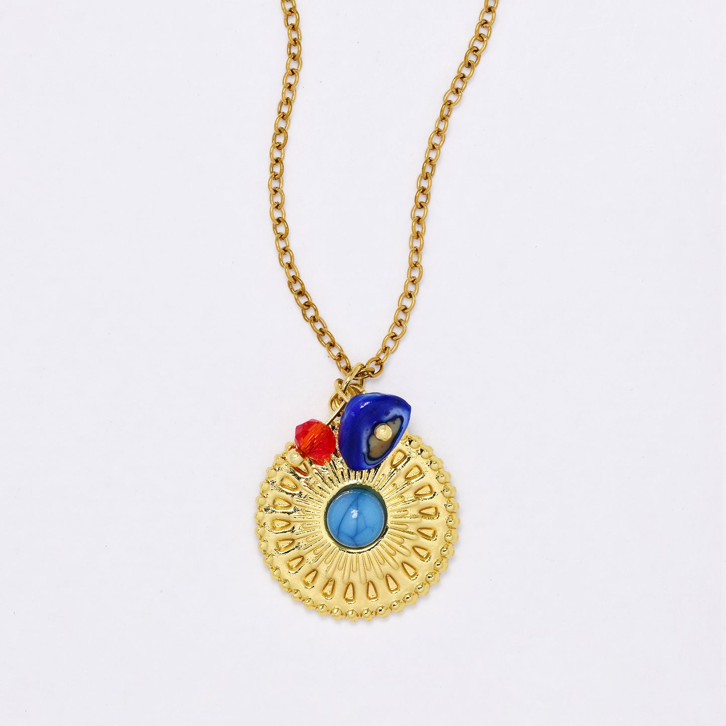 SSYN7371 - Steel  40cm + 5cm round mandala disk necklace with bead & stone