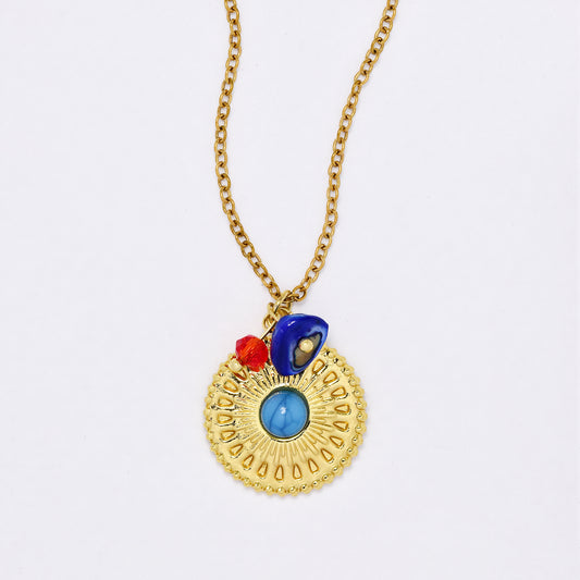 SSYN7371 - Steel  40cm + 5cm round mandala disk necklace with bead & stone