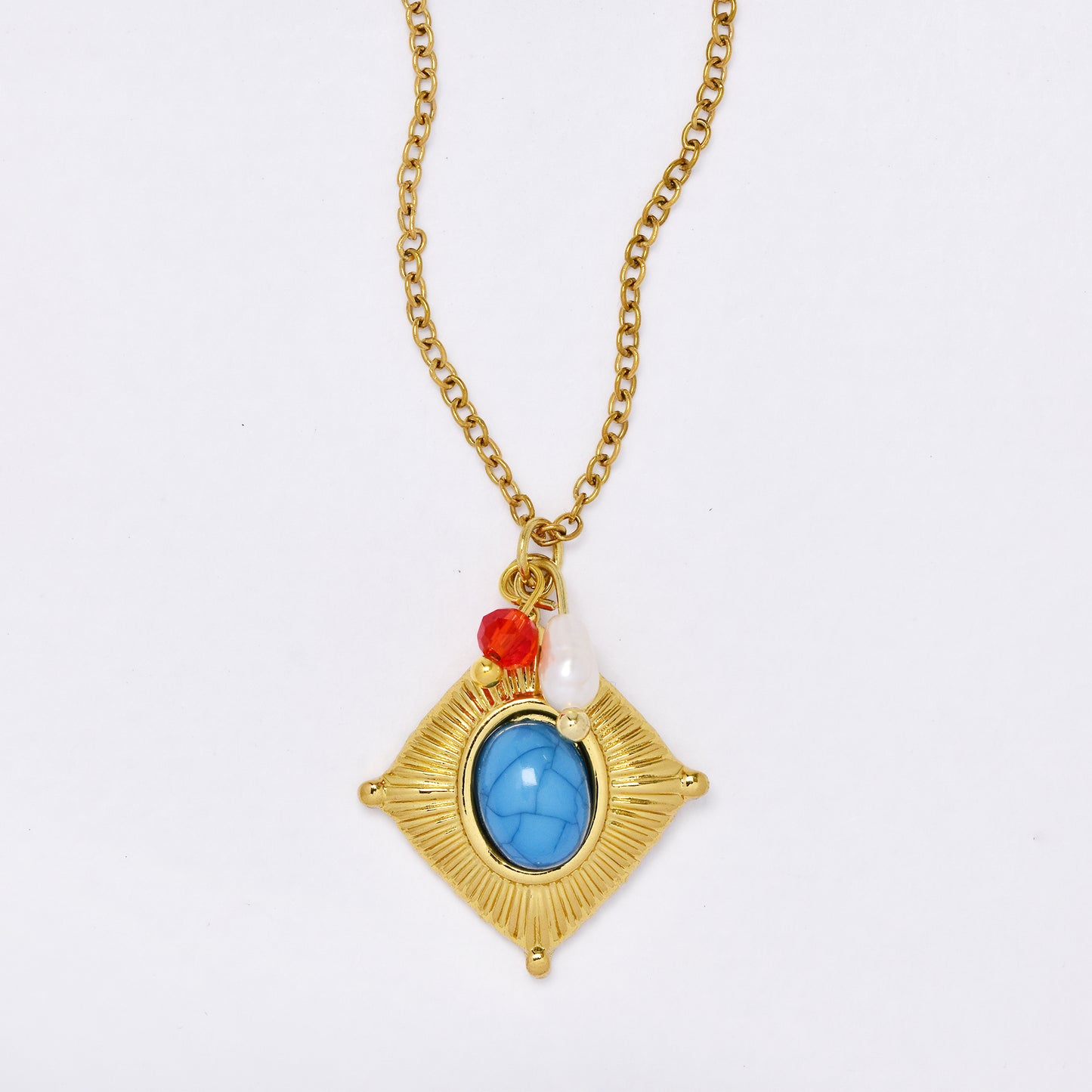 SSYN7372 - Steel Length: 41cm + 5cm diamond shaped lined disk necklace with faux pearl & bead