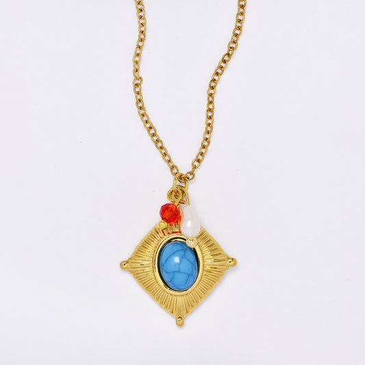 SSYN7372 - Steel Length: 41cm + 5cm diamond shaped lined disk necklace with faux pearl & bead
