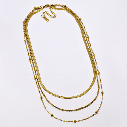 SSYN7375 - Steel 42cm + 5cm bead, rope & herringbone layered necklace