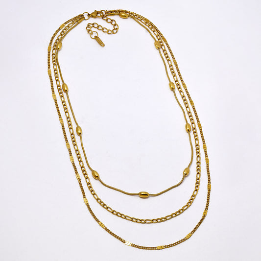 SSYN7376 - Steel 41cm + 5cm stamped curb, figaro and oval bead  layered necklace