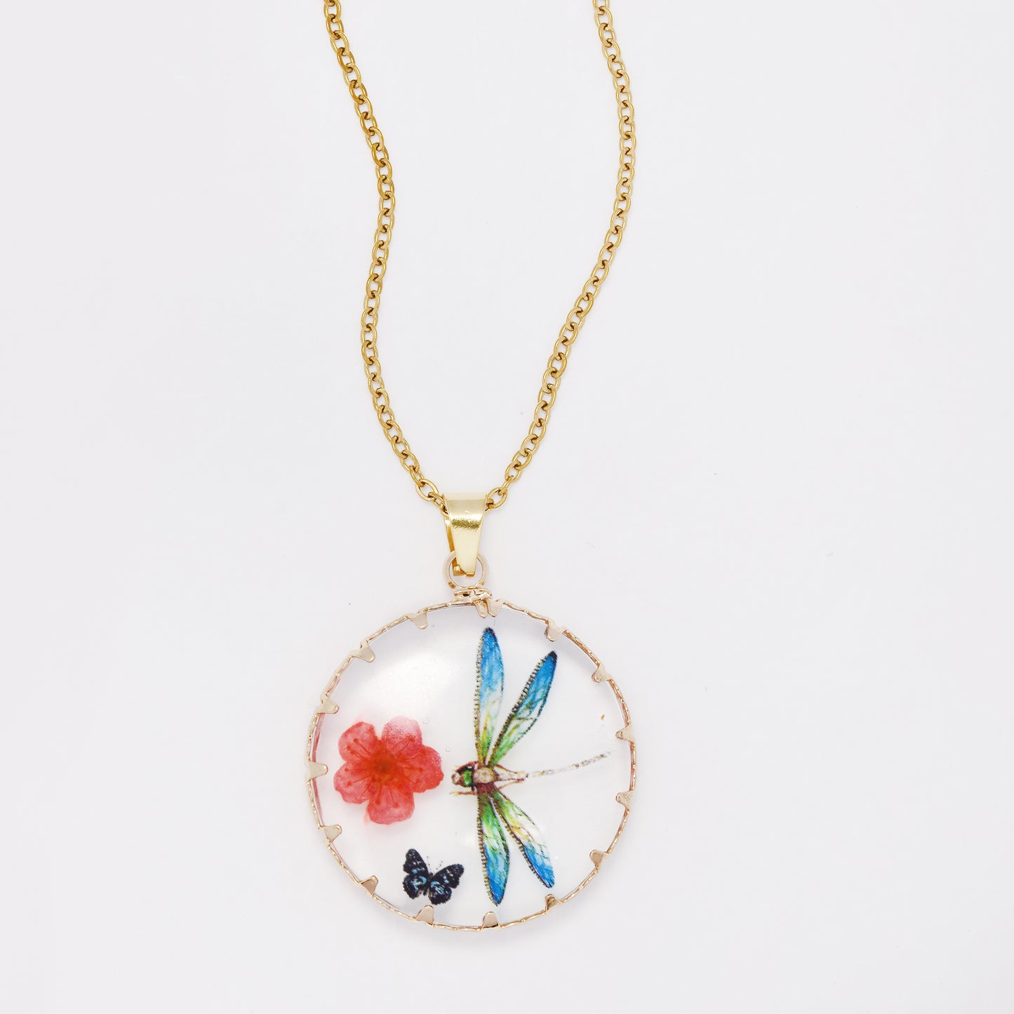 SSYN7439 - Steel 40cm + 5cm round dragonfly resin necklace